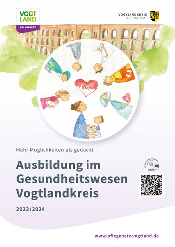Es ist das Titelblatt von der Broschüre Ausbildung im Gesundheitswesen Vogtlandkreis abgebildet. Zu sehen ist das Logo des Landratsamtes in Verbindung mit einem handgezeichneten Bild zu Ausbildungsberufe im Gesundheitswesen sowie der Titel . 
