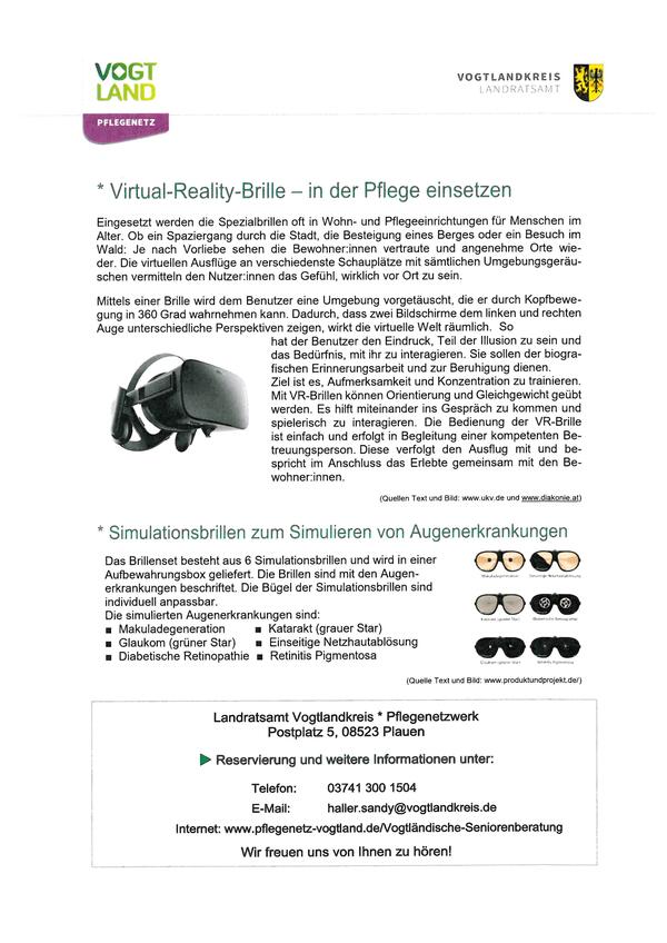 Bild vergrößern: Sie sehen ein Flyer über ein Projektangebot des Pflegenetzwerkes für Schulen zum Thema:
* Virtual-Reality-Brille - in der Pflege einsetzen
* Simulationsbrillen zum Simulieren von Augenerkrankungen