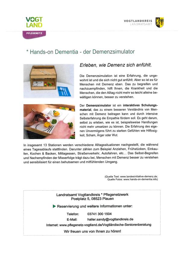 Bild vergrößern: Projektangebot des Pflegenetzwerkes für Schulen zum Thema:                                       Hands-on Dementia - der Demenzsimulator >>> Erleben, wie Demenz sich anfühlt