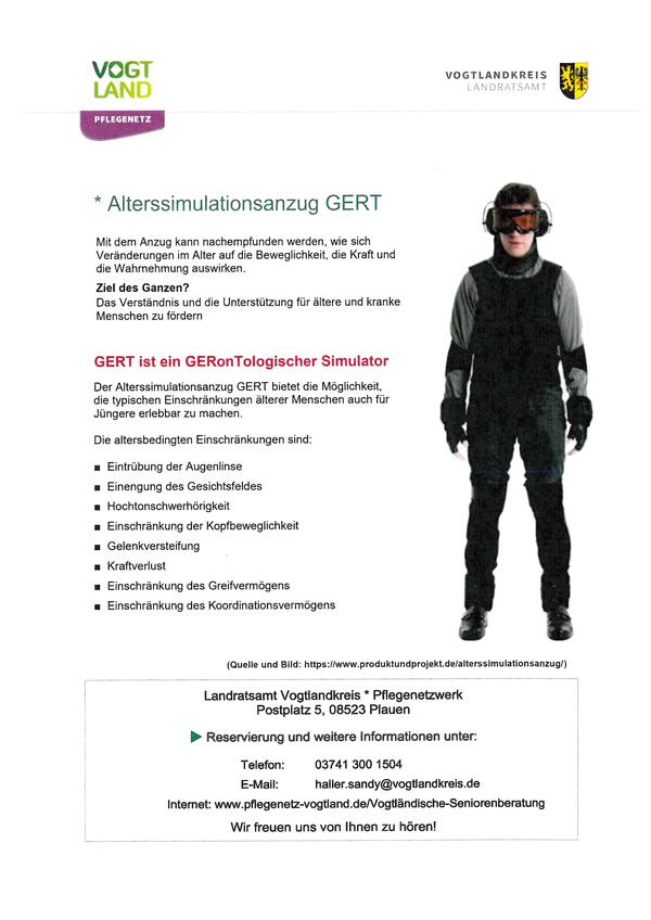 Bild vergrößern: Flyer zum Projektangebot des Pflegenetzwerkes Vogtlandkreis für Schulen zum Thema Alterssimulationsanzug GERT