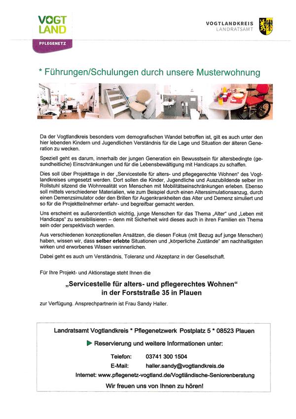 Bild vergrößern: Flyer über Projektangebote des Pflegenetzwerk Vogtlandkreis für Schulen zum Thema: Führung Musterwohnung